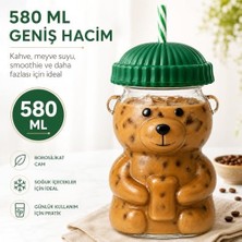 Sogud Cam Bardak - 580 ml Pipetli Soğuk Içecek Bardağı - Borosilikat Cam Kupa - Ayıcıklı Figürlü Barista Kahve Bardağı - Smoothie Limonata Ice Tea Kokteyl ve Meyve Suyu Için Yazlık Sunum(Asorti Renk)