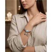 K&a Luxury Mavi Boncuklu Charm Kelepçe Bileklik Zirkon Taşlı Yıldız ve Kilit Figürlü