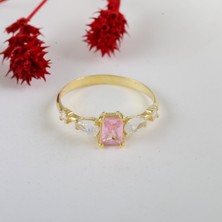 Gezer Kuyumculuk Pembe Taşlı Gold Kaplama 925 Ayar Gümüş Yüzük, Dikdörtgen Kesim Kadın Yüzük