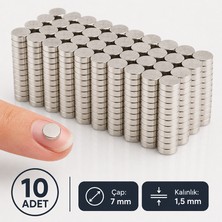 Sevgift 7x1.5 mm Yuvarlak Neodyum Mıknatıs | Güçlü Disk Magnet | Nikel Kaplamalı | 10 Adet