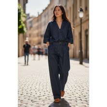 Stil Kuşağı Truvakar Kol Denim Gömlek Pileli Jean Pantolon Takım
