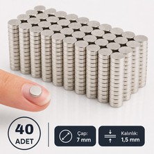 Sevgift 7x1.5 mm Yuvarlak Neodyum Mıknatıs | Güçlü Disk Magnet | Nikel Kaplamalı | 40 Adet