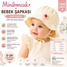 Miniboncuk Krem Müslin Bağcıklı Çiçek Detaylı Geniş Kenarlı Kız Bebek Güneş Şapkası (0-24 Ay)