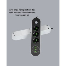 Mossem 2 Metre Kablolu 3 USB Portlu Anahtarlı Üçlü Priz