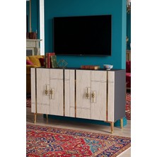 Yumedi Design KA1242ATG - Ilay Konsol, Tv Sehpası, Çok Amaçlı Dolap ve Kahve Köşesi 120CM Antrasit-Traverten-Gold