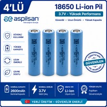 Aspilsan 18650 2600MAH 3.7V Li-Ion Şarjlı Pil 4'lü Paket | INR18650A28 Orijinal Lityum Iyon Batarya | Yerli Üretim
