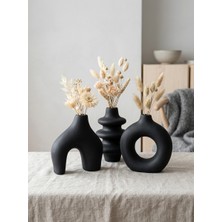 Kaveld Trio Forma – El Yapımı 3'lü Dekoratif Vazo Seti, Kemer + Yığma Halka + Donut Form | Mermer Tozu & Beton Minimalist Kuru Çiçek Vazosu