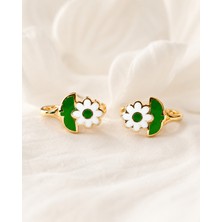 Sarezza Gold 14 Ayar Altın Mineli Yeşil Çiçek Detaylı Çocuk Küpe