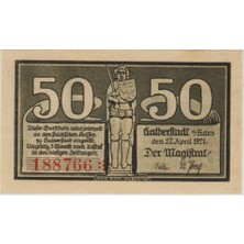 Banknoting Almanya 50 Pfennig 1921 Notgeld-Halberstadt Şehri. Çil.