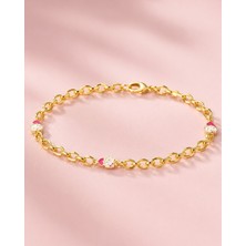 Sarezza Gold 14 Ayar Altın Kırmızı Kalp Mineli Kedi Figürlü Çocuk Bileklik