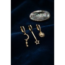 ForWhat Zarif Kulaklar Için 3parça Golden Pirinç Ay Yıldız Güneş Motif Küpe Seti