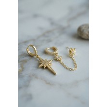 ForWhat Zarif Kulaklar Için 3parça Golden Pirinç Zincirli Motif Küpe Seti