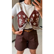 Defy Moda Kadın Şal Desen Detay Bluz ve Keten Şort Ikili Takım