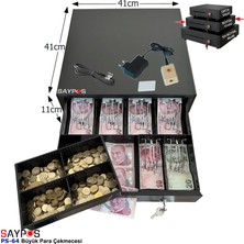 Saypos Açma Buton ve Adaptörlü 6 Kağıt Para Gözlü Gizli Hazneli Büyük Para Çekmecesi Anahtarlı 41X41X11CM
