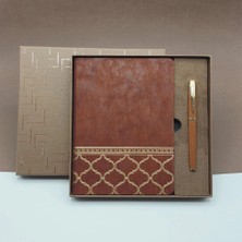 Eco Lounge Kutulu - Lüks Deri Desenli Defter ve Metal Kalem - Hediye Seti