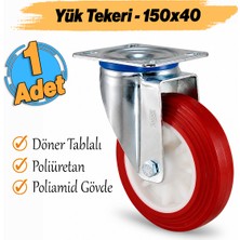 Badem10 Yük Taşıma Araç Teker 150X40 mm Poliamid Tablalı Dönerli 150'LIK Kırmızı Poliüretan Tekerlek Frensiz