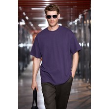 Grimelange Jett Erkek Oversize Fit %100 Organik Pamuk Kalın Dokulu Bisiklet Yakalı Koyu Mor T-Shirt