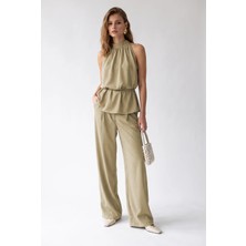 Mixray 2203 Kadın Halter Yaka Beli Lastikli Palazzo Alt Üst Takım Olive