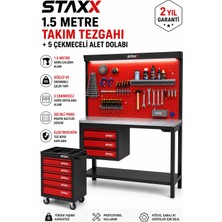 Staxx Power 1.5 Metre 3 Çekmeceli Takım Tezgahı + 5 Çekmeceli Mobil Alet Dolabı Seti | Galvaniz Tabla Işıklı