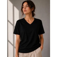 De'charme V Yaka Basic Tişört Kısa Kol Yazlık Regular Fit T-Shirt - Siyah