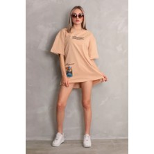 De'charme Unisex Bisiklet Yaka Baskılı Oversize T-Shirt - Bej