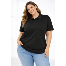 De'charme Pike Kumaş Düğmeli Yaka Battal Büyük Beden Günlük Kısa Kol Tişört T-Shirt - Siyah