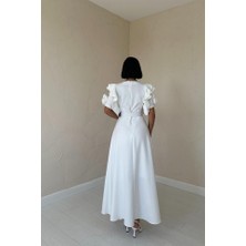De'charme Beyaz Kolları Volanlı Kemerli Elbise