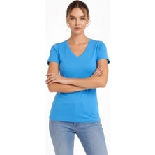 De'charme T-Shirt V Yaka Slim Fit Likralı Tişört Günlük Basic Body - Açık Mavi