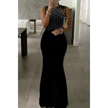 De'charme Kadın Omuz Çoklu Askılı Önü Taş Işlemeli Balık Kesim Janjan Krep Maxi Boy Elbise