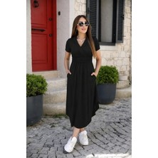Gökyüzü Moda Kadın Kısa Kollu Hakim V Yaka Viskon Elbise