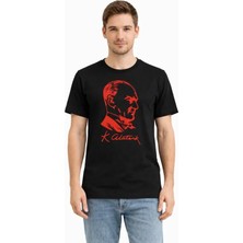 De'charme Erkek Atatürk Baskılı Tişört Kısa Kollu Bisiklet Yaka T-Shirt - Siyah