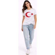 De'charme T-Shirt Kısa Kol Bisiklet Yaka Ay Yıldız Bayrak Baskılı Tişört - Beyaz