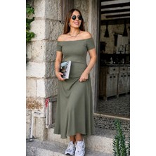 De'charme Kadın Omuzlardan Açık Lastikli Uzun Viskon Elbise