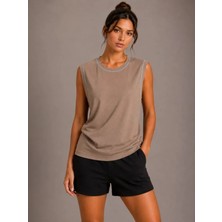 De'charme Kontrast Biyeli Kolsuz Atlet Bisiklet Yaka Yazlık Basic Atlet - Kahverengi