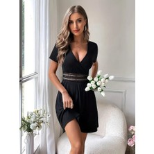 De'charme Kadın Kısa Kollu Kruvaze Yakalı Belden Dantelli Kaşkorse Elbise