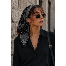 Afvente Paisley Desen Siyah-Gümüş Soft Bandana Fular 50X50 cm