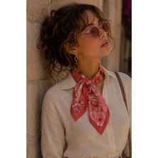 Afvente Eyfel Çiçek Desen Mercan-Bordo Soft Bandana Fular 50X50 cm