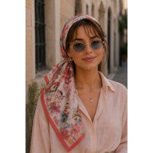 Afvente Masal Desen Kırmızı-Pudra Soft Bandana Fular 50X50 cm