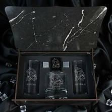 Hediyelerin Efendisi Ahşap Kutulu Boğa Figürlü Kişiye Özel Rakı, Çakmak ve Taşlı Viski Kadehi Seti