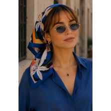 Afvente Soyut Çiçek Desen Saks Mavi-Turuncu Soft Bandana Fular 50X50 cm