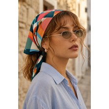 Afvente Modern Geometrik Desen Mercan-Yeşil Soft Bandana Fular 50X50 cm