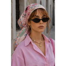 Afvente Soyut Bahçe Desen Pudra-Mint Soft Bandana Fular 50X50 cm