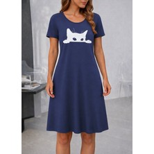 Alyn Wear Kadın Kısa Kollu Bisiklet Yakalı Kedi Desenli Viskon Kısa Elbise