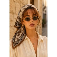 Afvente Leopar Zincir Desen Kahve-Bej Soft Bandana Fular 50X50 cm