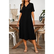 Alyn Wear Kadın Kısa Kollu V Yakalı Bürümcük Midi Elbise