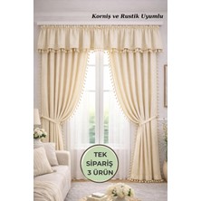 Perde Plus Püsküllü , Farbelalı Perde Takımı – 3’lü Set, Rustik & Korniş Uyumlu