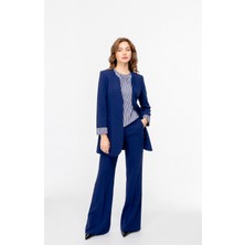 Çınar Özkan 2653  Katlanabllir Kollu Sıfır Yaka Iç Bluz Zebra Desenli Sıfır Kol 3 Lü Blazer Takım
