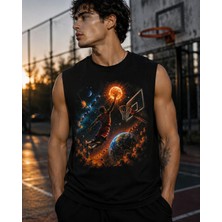 Enb1r Moda Oversize Sıfır Kol Basketbol Uzay Dünya Güneş Grafik Baskılı Streetwear Spor Atlet
