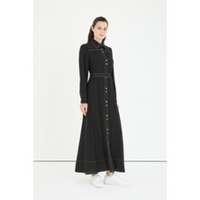 Doque 63029 Gömlek Yaka Boydan Düğmeli Kolları Manşetli Beli Bağlamalı Dikiş Görünümlü Elbise #03-25#
