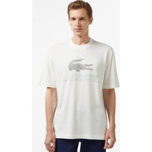 Lacoste Men's Loose Fit Tshirt Pamuklu Geniş Kalıp Reflektörlü Bisiklet Yaka Baskılı Erkek Tişört Krem